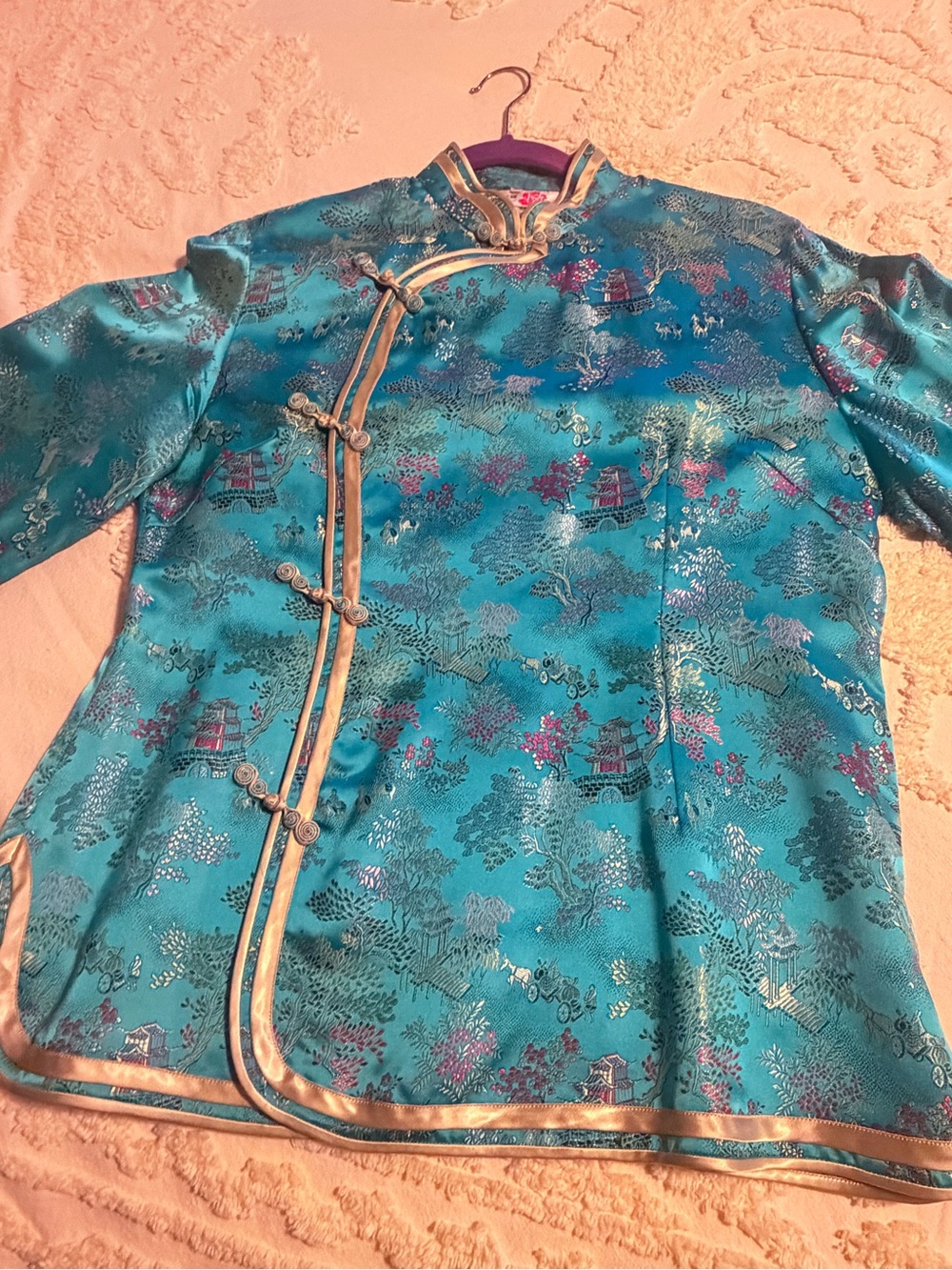 Turquoise Satin Mandarin Collar Blouse with Gold Trim